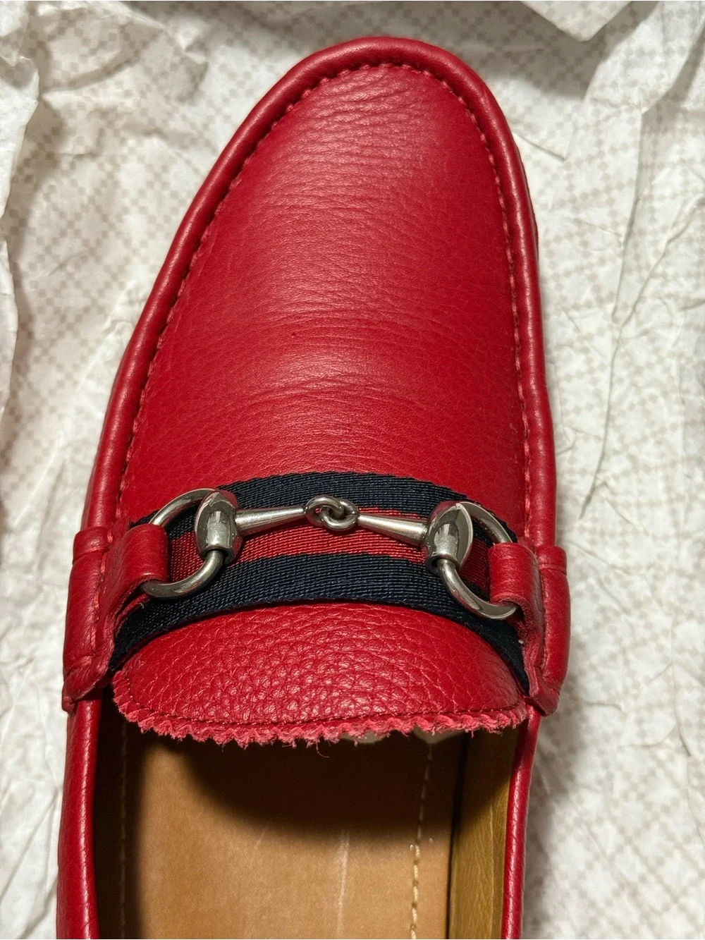 Gucci Red Leather Horsebit Loafers with Black Web